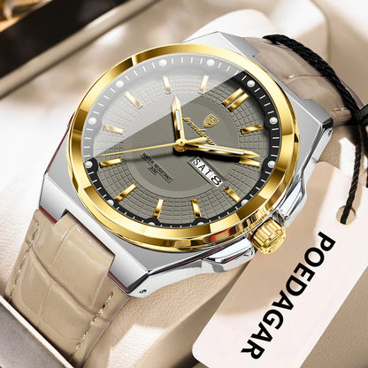 POEDAGAR Fashion Brand Man Wristwatch Waterproof Luminous Date Week Quartz Luxury Men's Watches Leather Business Men Watch Reloj Beauty World Shop