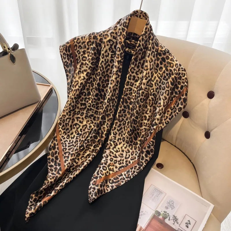 90cm Leopard Print Satin-Finish Scarf - Lightweight Simulated Silk Square for Women Spring Summer Versatile Chic Beauty World Shop