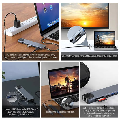 USB 8 In 1 Type C 3.1 to 4K HDTV Hub Adapter With SD TF 100M RJ45 Card Reader Pd Fast Charge For Macbook Notebook Computer Beauty World Shop