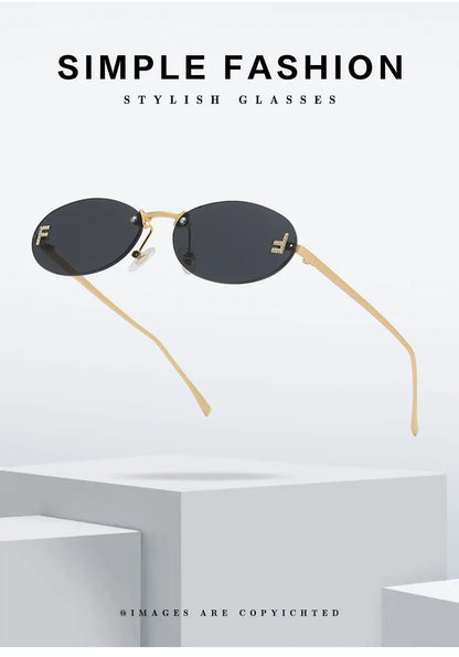 Fashion Rimless Sunglasses Women UV400 Oval Elegant Diamond F Sun Glasses Retro Eyewear Beauty World Shop