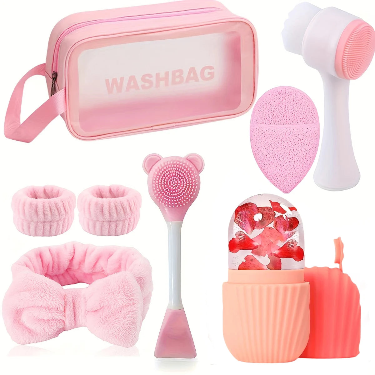 8-piece silicone skincare set with ice roller and cold compress mask - pink and white two-tone facial spa set, skincare tools Beauty World Shop