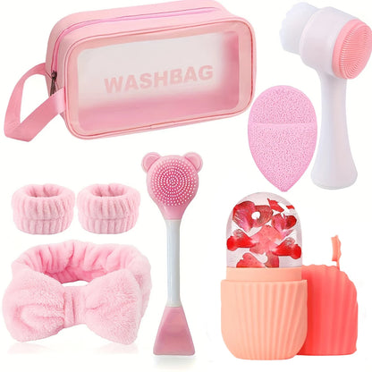 8-piece silicone skincare set with ice roller and cold compress mask - pink and white two-tone facial spa set, skincare tools Beauty World Shop