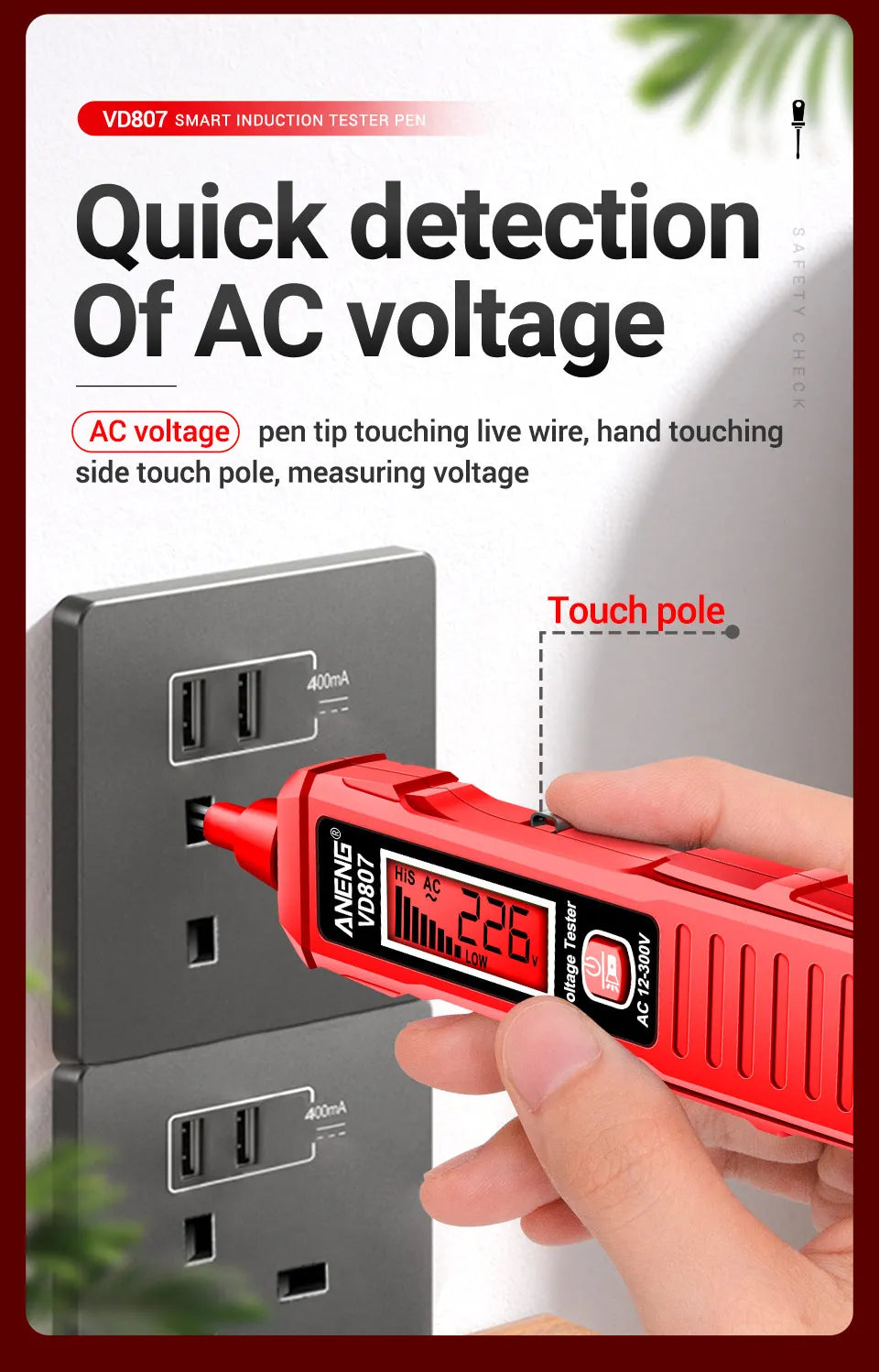 ANENG VD807 One-word Induction Portable 50/60Hz Smart Electric Pen Tester NCV Sensor AC 12-300V Non-contact Wire Detector Tools Beauty World Shop