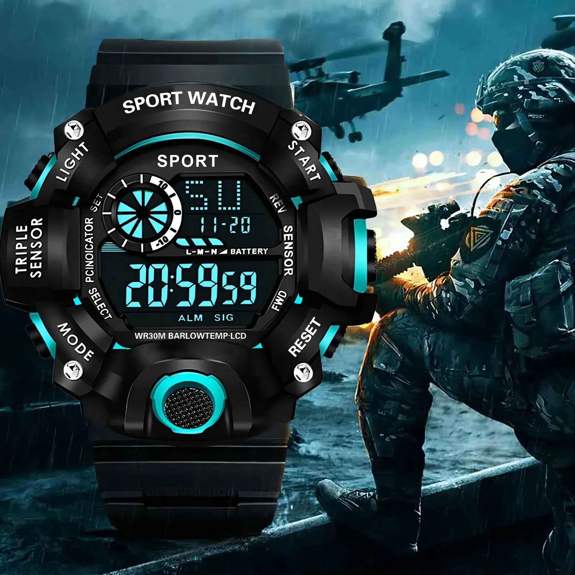 Fashion Men's Watch Sports Electronic Wristwatch Large dial Multifunctional Waterproof Luminous Alarm Kids Male's Military Watch Beauty World Shop