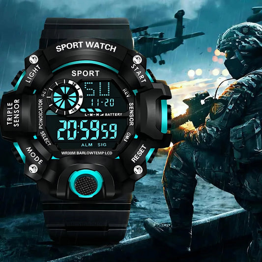 Fashion Men's Watch Sports Electronic Wristwatch Large dial Multifunctional Waterproof Luminous Alarm Kids Male's Military Watch Beauty World Shop