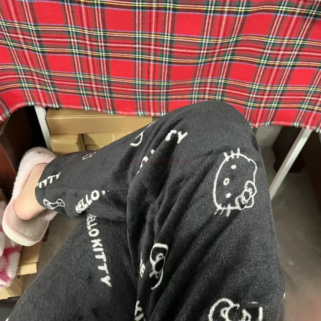 2024 Sanrio Hello Kitty Pajamas Halloween Flannel Fashion Trouserswomen Kawaii Woolen Anime Cartoon Casual Home Pants Autumn Beauty Fashion