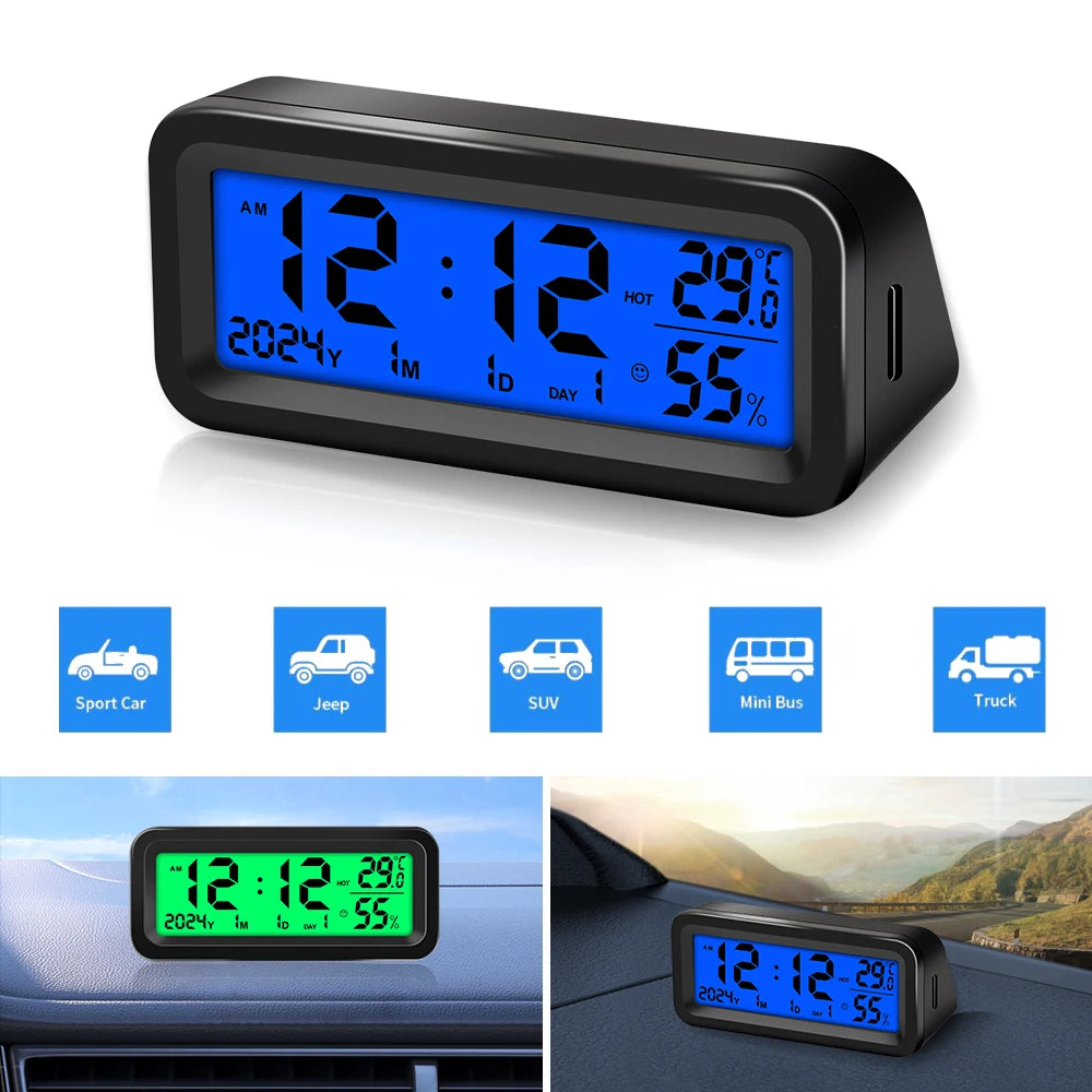 LCD Digital Car Clock Solar Power Temperature Humidity Gauge Backlight Automobiles Dashboard Clock Car Internal Accessories Beauty World Shop
