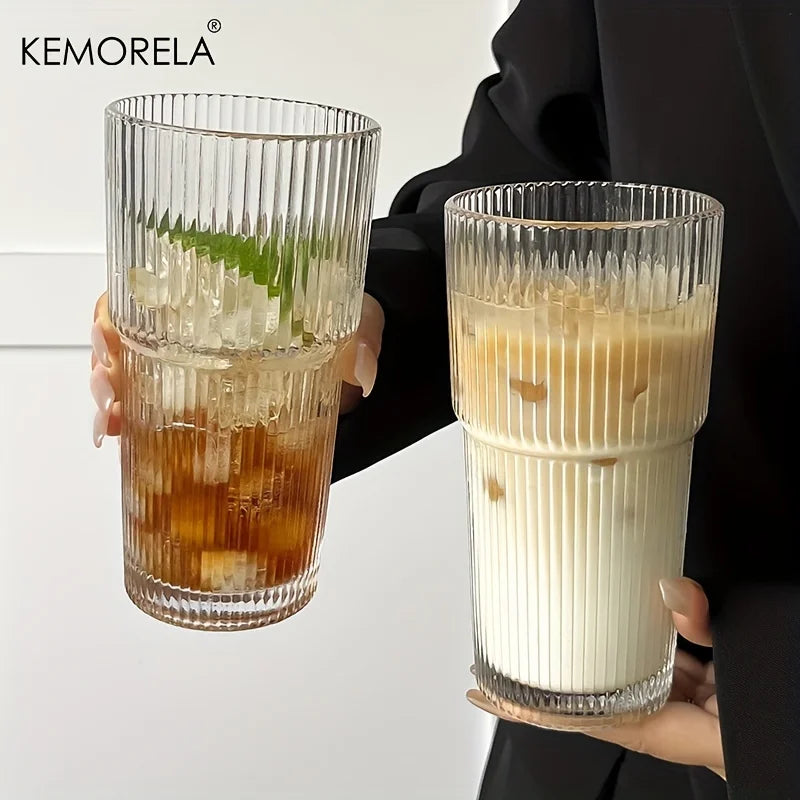 600ML Stripe Glass Coffee Cup With Lid and Without Cover Straw Transparent Drinking Glasses for Juice Iced Coffee Mugs Drinkware Beauty World Shop