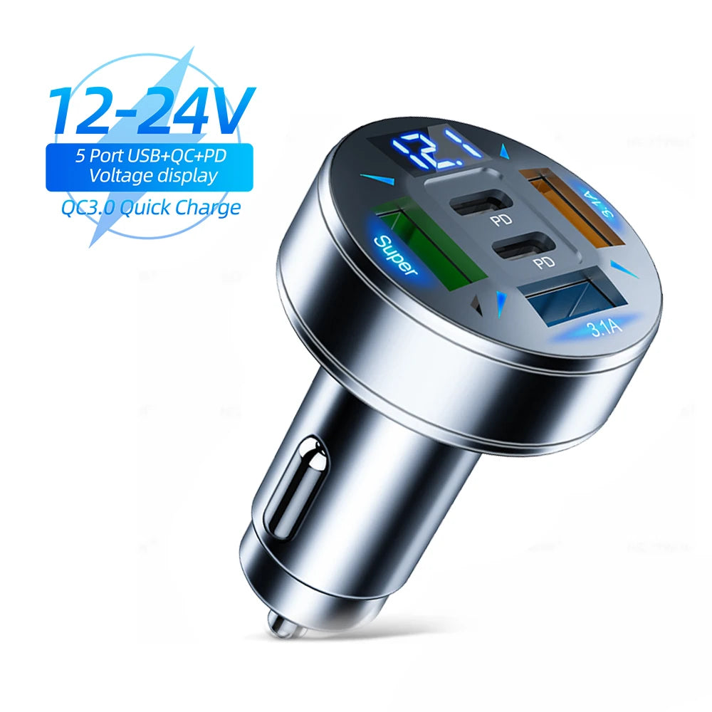 250W 5 Ports Car Charger Fast Charging PD QC3.0 USB C Car Phone Charger Adapter With Voltage For iPhone Samsung Huawei Xiaomi Beauty World Shop