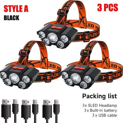 5 LED Flashlight Rechargeable with Built in Lithium Battery Strong Head Light Camping Adventure Fishing Cycling Headlamp Beauty Fashion