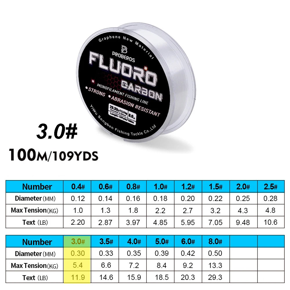 PROBEROS 100M Fluorocarbon Coating Fishing Line 2.2LB-29.3LB Carbon Fiber Monofilament Leader Line Carp Fishing Sinking Line Beauty World Shop