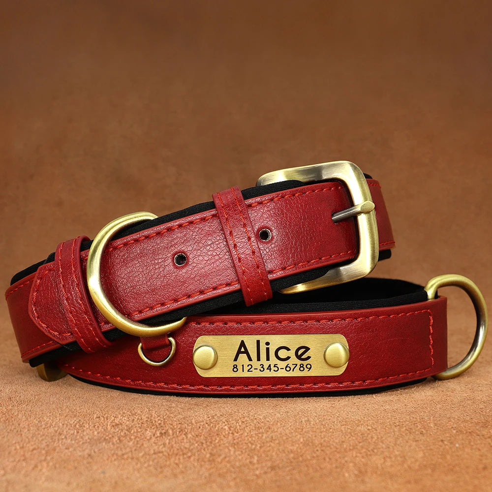 Customized PU Leather Nameplate Dog Collar Soft Padded Dogs Collars Free Engraving Name for Small Medium Large Dogs Adjustable Beauty World Shop
