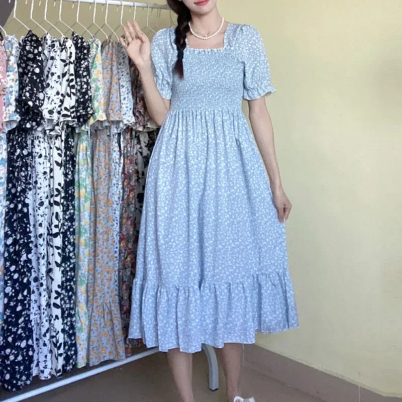 Spring Summer Elastic Waist Chiffon Dress Women Casual Dresses Fashion Female  Vestidos Short Sleeve Pleated A-line Dresses Beauty World Shop