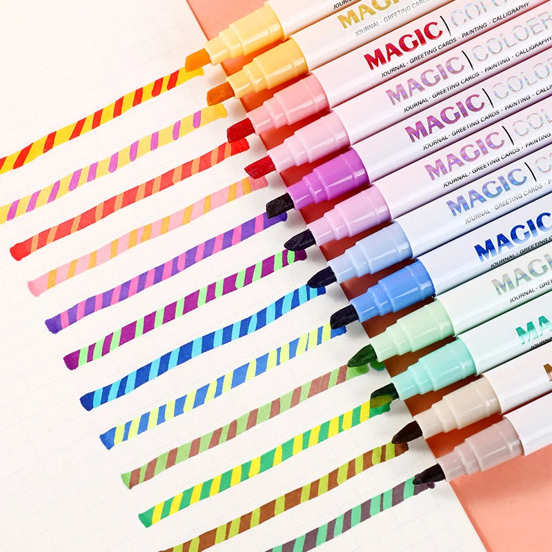 12pcs Double-ended Magic Color Changing Highlighter Pen Set, Student Diary Scrapbook Painting DIY Making, Classroom and Office S Beauty World Shop