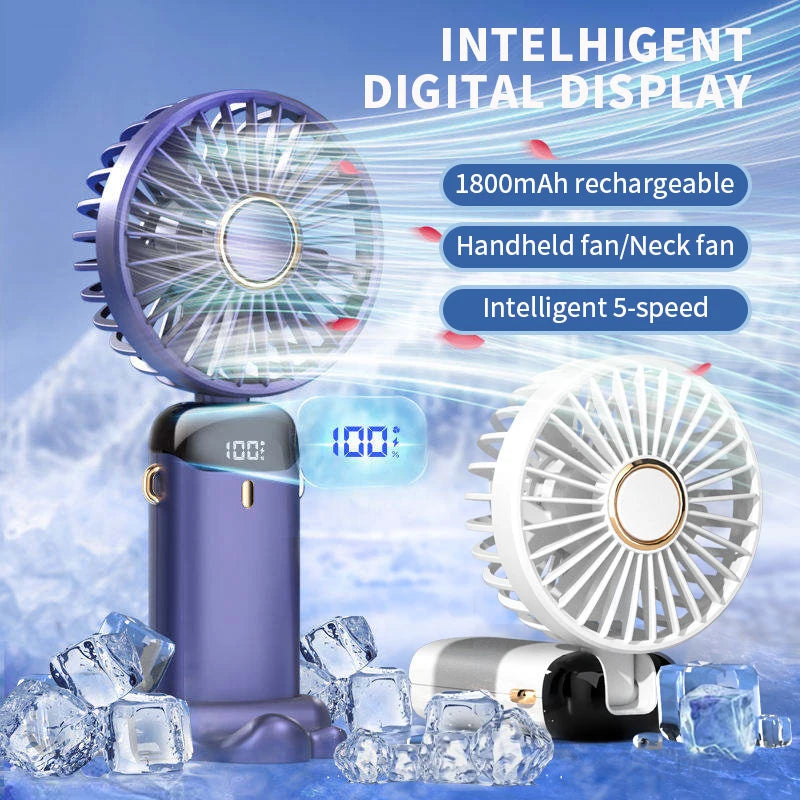 Handheld Mini Fan Foldable Portable Neck Hanging Fans 5 Speed USB Rechargeable Fan with Phone Stand and Display Screen 1800mAh Beauty World Shop