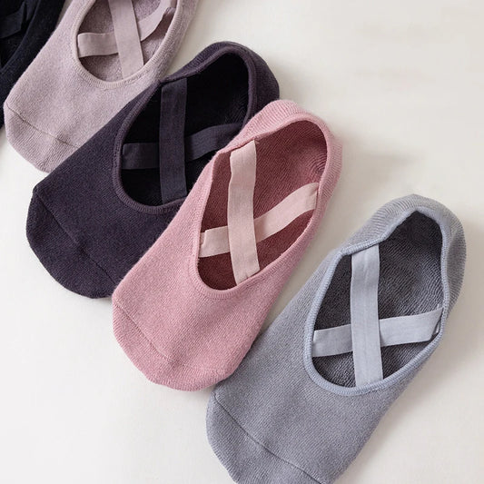 Women Breathable Towel Bottom Yoga Socks Silicone Non-Slip Bandage Pilates Sock Ladies Ballet Dance Fitness Workout Cotton Socks Beauty World Shop