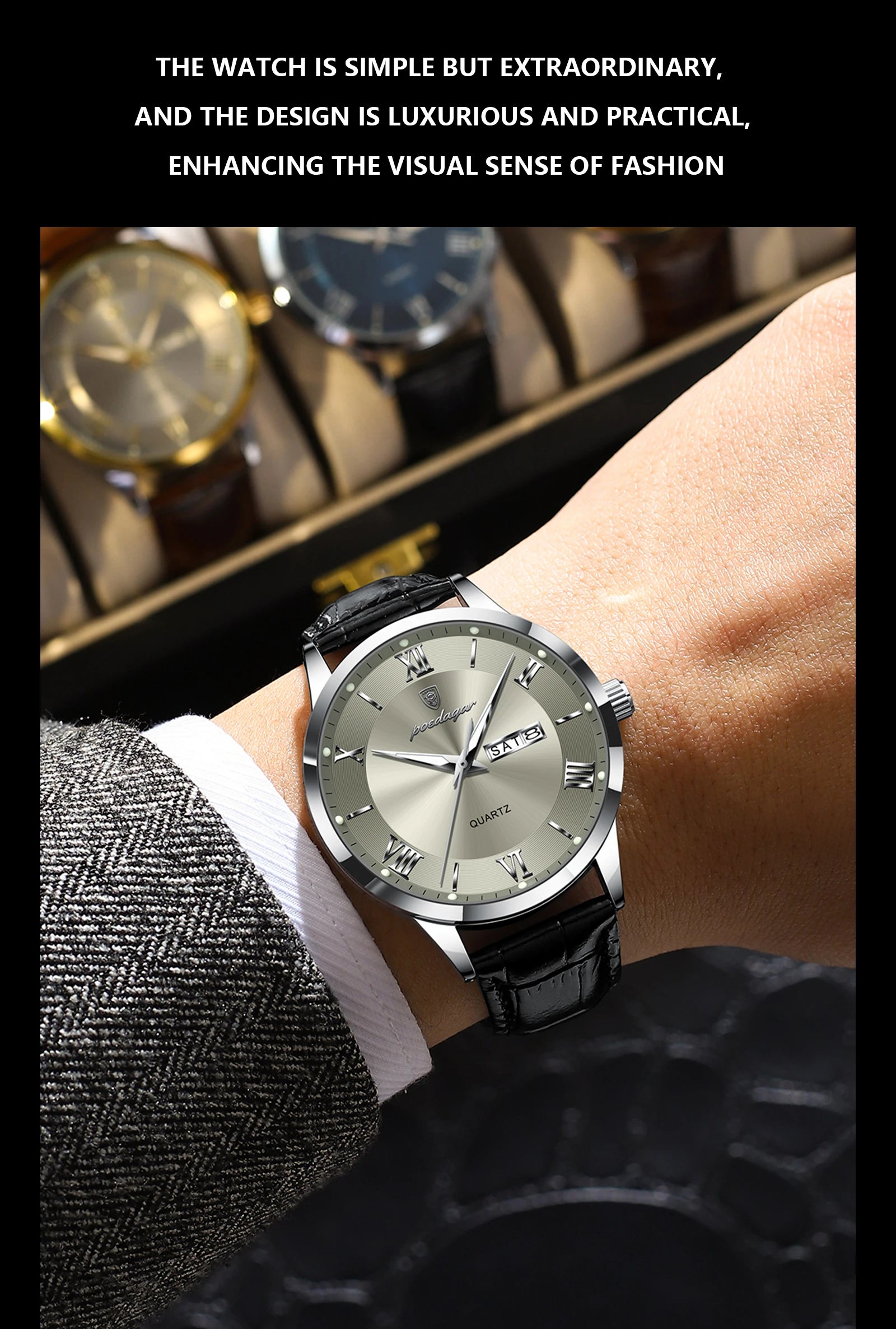 POEDAGAR Business Brand Men Clock Waterproof Luminous Date Week Fashion Man Wristwatch Leather Luxury Men's Quartz Watches Reloj Beauty World Shop
