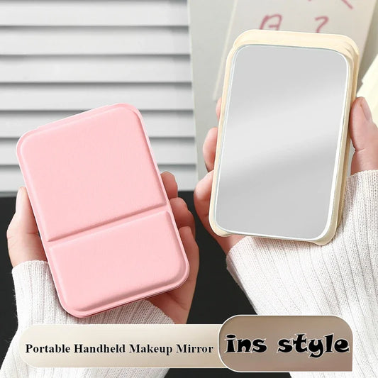 Desktop Makeup Mirror Solid Color PU Leather Simple Portable Handheld Makeup Mirror Foldable Student Compact Cute Pocket Mirror Beauty World Shop
