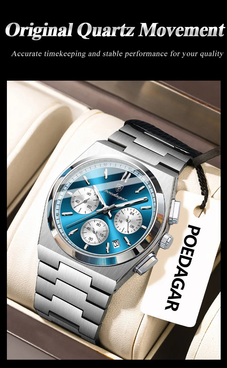 POEDAGAR Fashion Man Watches Chronograph Date Stainless Steel Casual Men Wristwatch Waterproof Luminous Men's Quartz Watch Reloj Beauty World Shop