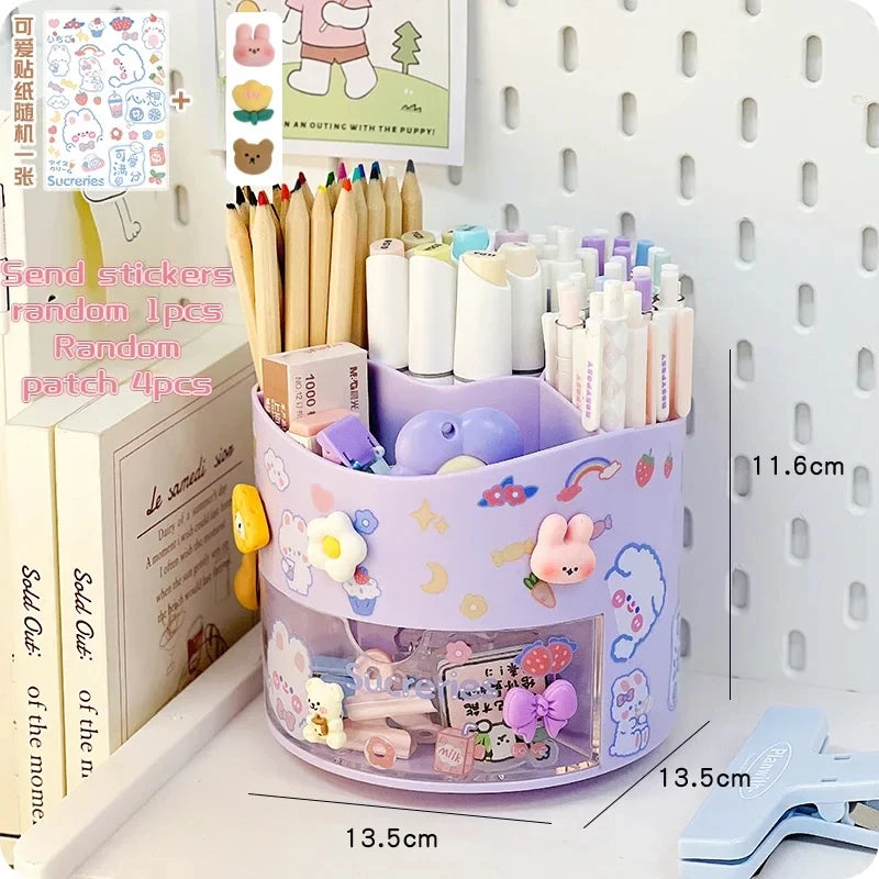 Cute Rotating Pen Holder Desktop Drawer Stationery Box Case School Office Desk Kawaii Stationery Storage Box Organizer Stickers Beauty World Shop