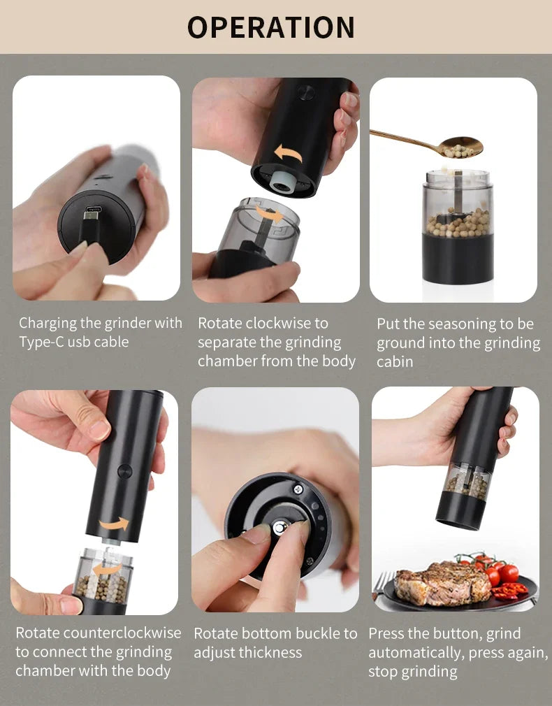 USB Rechargeable Electric Salt and Pepper Grinder Adjustable Coarseness Large Capacity Auto Spices Grinders Kitchen Cooking Tool Beauty World Shop