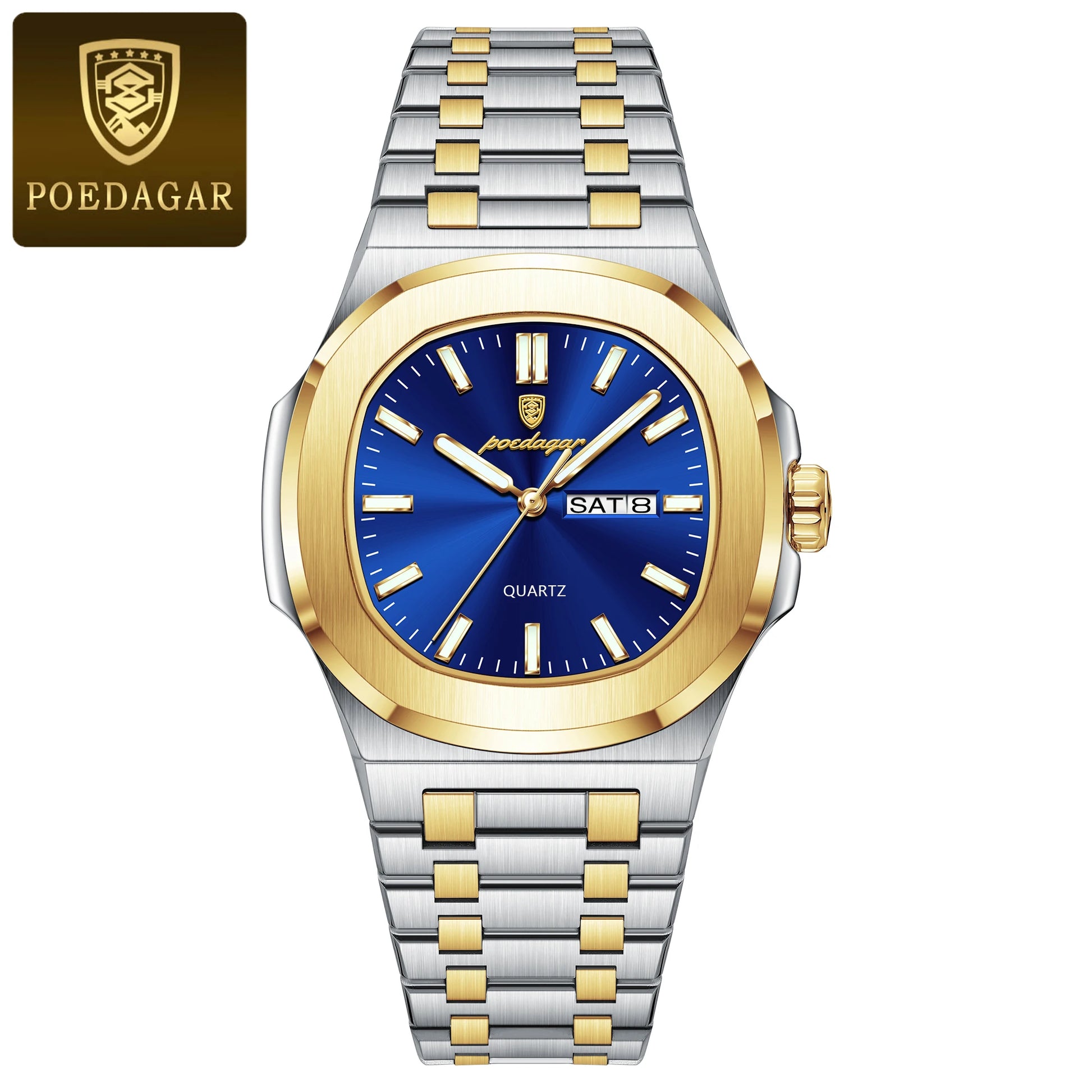 POEDAGAR Square Luxury Men's Wristwatch Luminous Waterproof Stainless Steel Male Clock Week Date Original Quartz Watches For Men Beauty World Shop