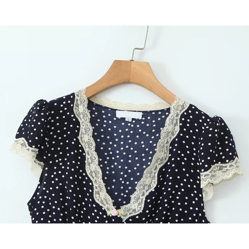 YENKYE 2025 Women Navy Blue Polka Dot Long Dress Lace Trim V Neck Short Sleeve A-line Elegant Holiday Dresses Summe Maxi Robe Beauty World Shop