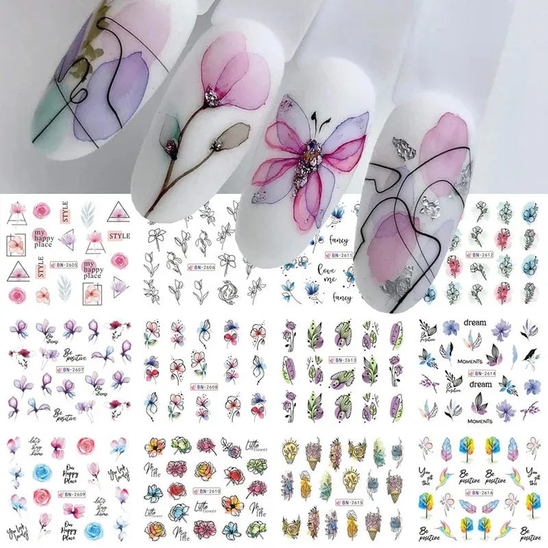 12 Pcs Summer Ink Blooming Flowers Nail Art Stickers, Water Decal Leaves Graffiti Slider Nail Decoration Beauty World Shop