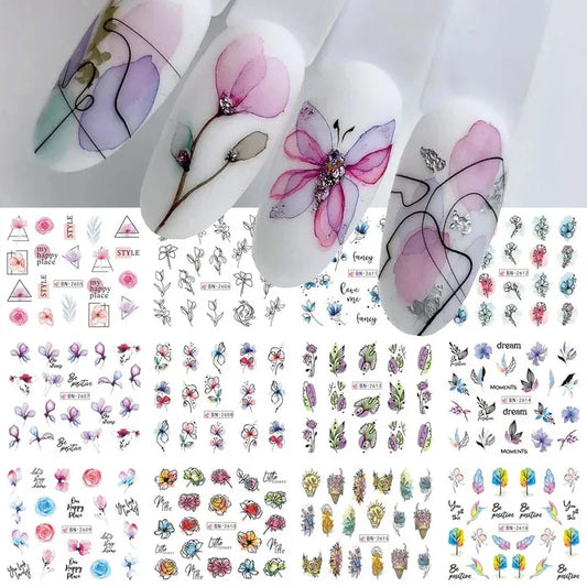 12 Pcs Summer Ink Blooming Flowers Nail Art Stickers, Water Decal Leaves Graffiti Slider Nail Decoration Beauty World Shop