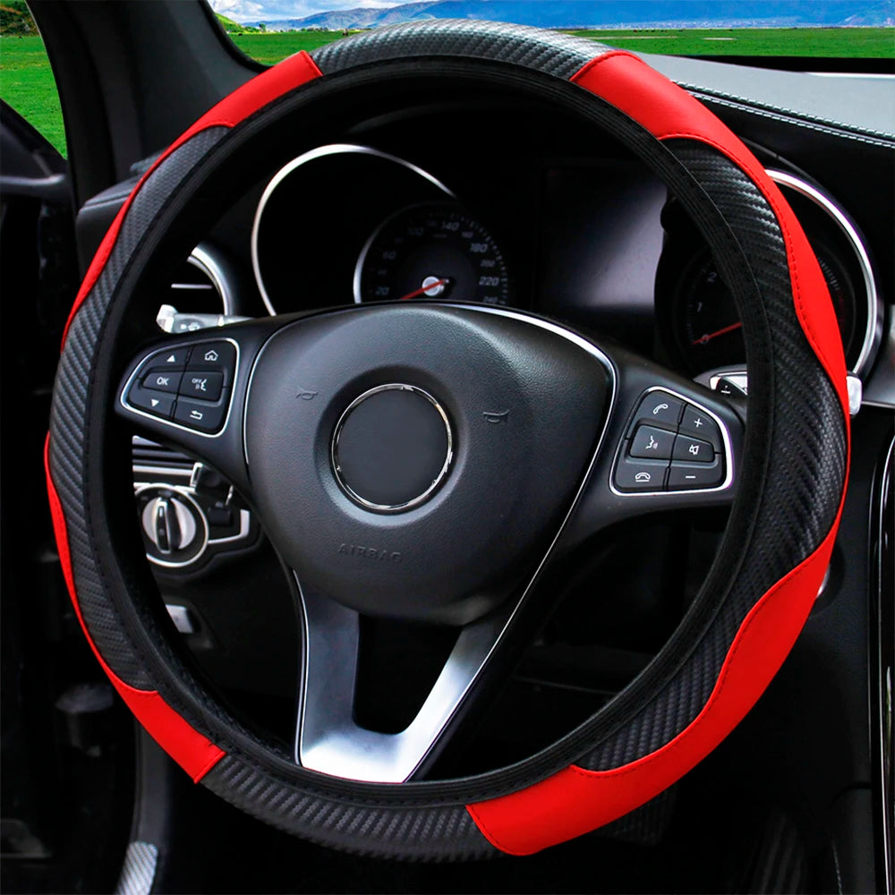 PU Carbon Fiber Leather Car Steering Wheel Cover without Inner Ring Suitable for 14.5-15 Inches of Automotive Supplies Beauty World Shop