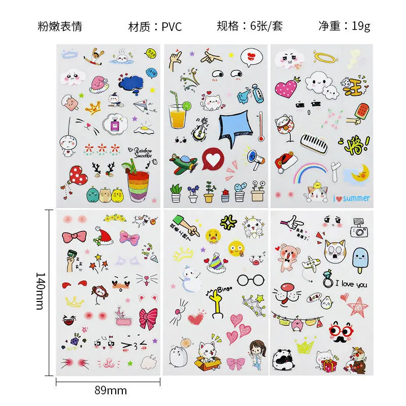 6Pieces/Set Transparent Pvc Waterproof Cartoon Sticker DIY Hand Account Decorative Stickers Kawaii Phone Cup Stickers Beauty World Shop