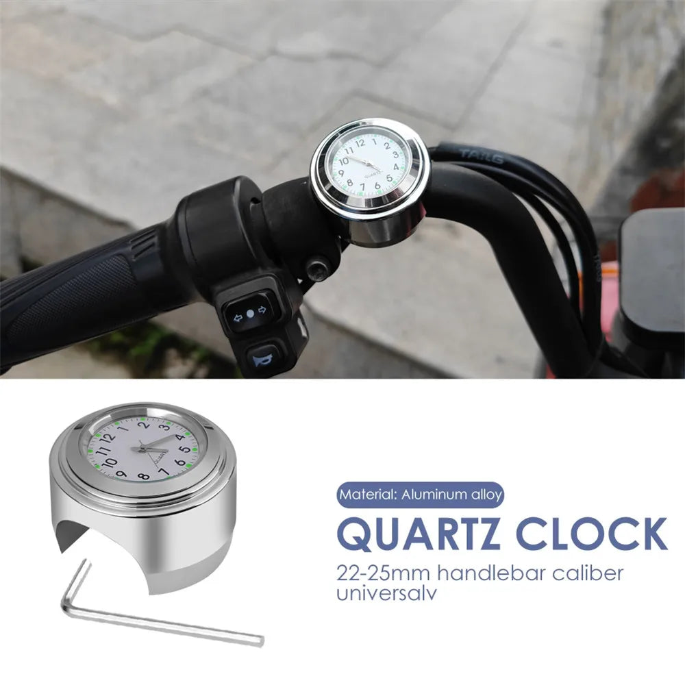 Aluminum Luminous Quartz Watch 22-25mm Motorcycle Scooter Bicycle Handlebar Mount Clock Time Display Clock Moto Accessories Beauty World Shop