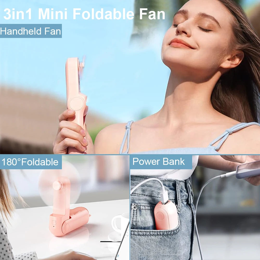 Portable Fan 2000mAh USB Rechargeable 3 Speed Mini Handheld Foldable Fan Hand Held Small Pocket Travel Fan with Handy Power Bank Beauty World Shop