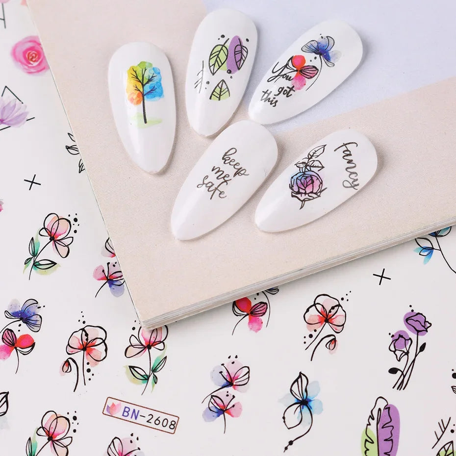 12 Pcs Summer Ink Blooming Flowers Nail Art Stickers, Water Decal Leaves Graffiti Slider Nail Decoration Beauty World Shop