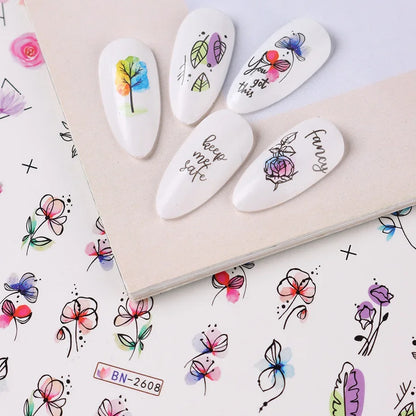 12 Pcs Summer Ink Blooming Flowers Nail Art Stickers, Water Decal Leaves Graffiti Slider Nail Decoration Beauty World Shop