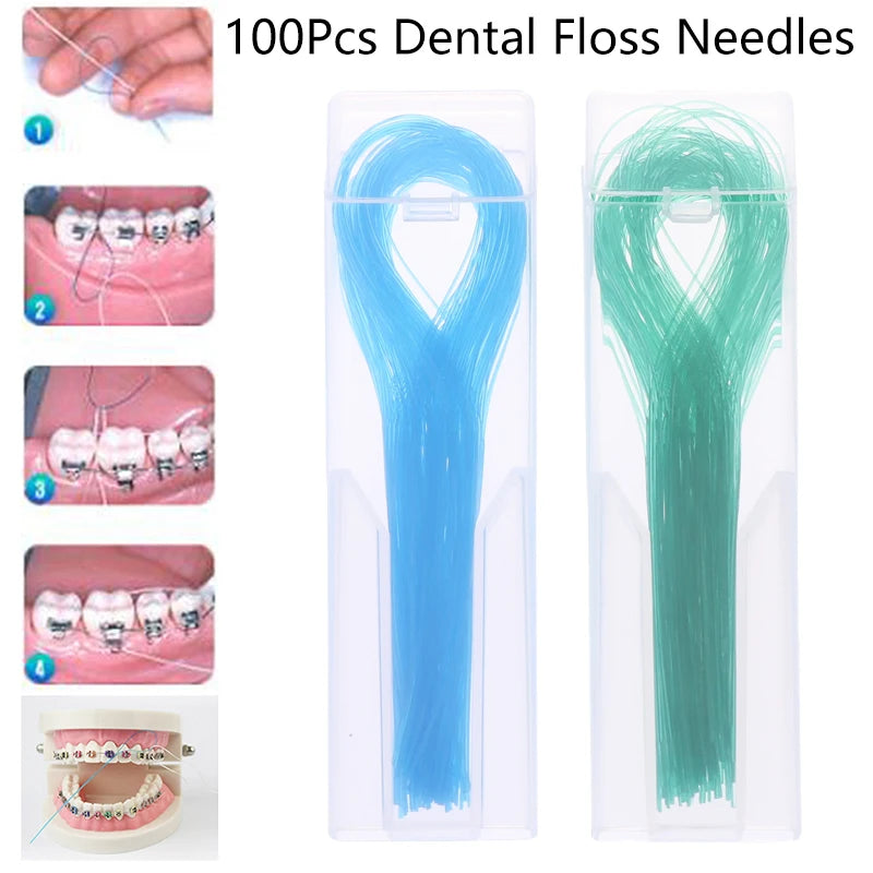100Pcs Dental Floss Threader Dental Traction Line Oral For Crown Brace Bridge Implant Hoop Threading Braces Steel Traction Beauty World Shop