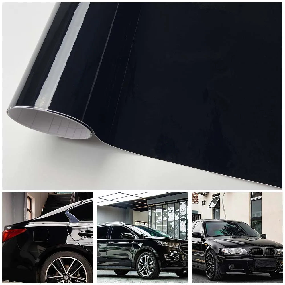 Black Vinyl Wrap Bright Shiny Auto Body Stickers Self-adhesive Gloss Car Wrapping Vinyl Air Release Glossy Black Car Foil Film Beauty World Shop