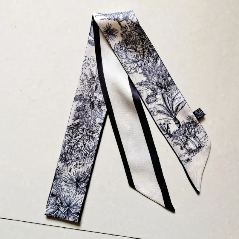120*5cm Plant Jungle Printed Scarf for Women's Spring Summer New Model Emulated Silk Streamer Fashionable Retro Hairband Streame Beauty World Shop