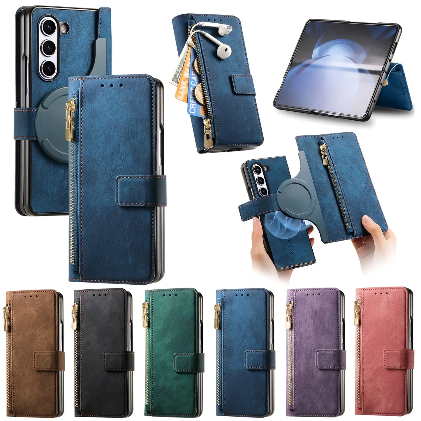 2 in 1 Magnetic Zipper Cards Solt Wallet Leather Case For Samsung Galaxy Z Fold 8 ultra 7 6 5  Wireless Charging Bag Purse Cover Beauty World Shop
