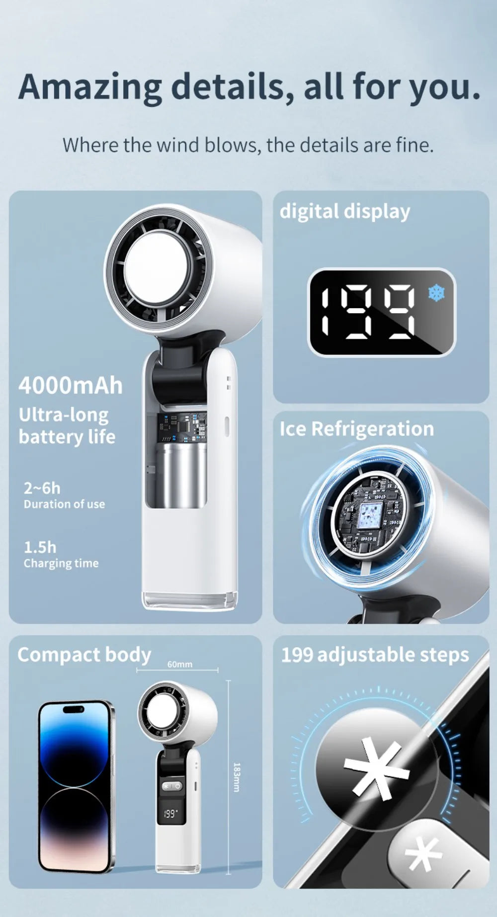 Handheld Portable Fan with Ice Cooler 4000mAh Rechargeable Pocket Fans Foldable Design LED Display 1-199-Speed Wind Cooling Fan