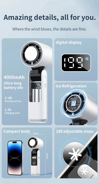 Handheld Portable Fan with Ice Cooler 4000mAh Rechargeable Pocket Fans Foldable Design LED Display 1-199-Speed Wind Cooling Fan