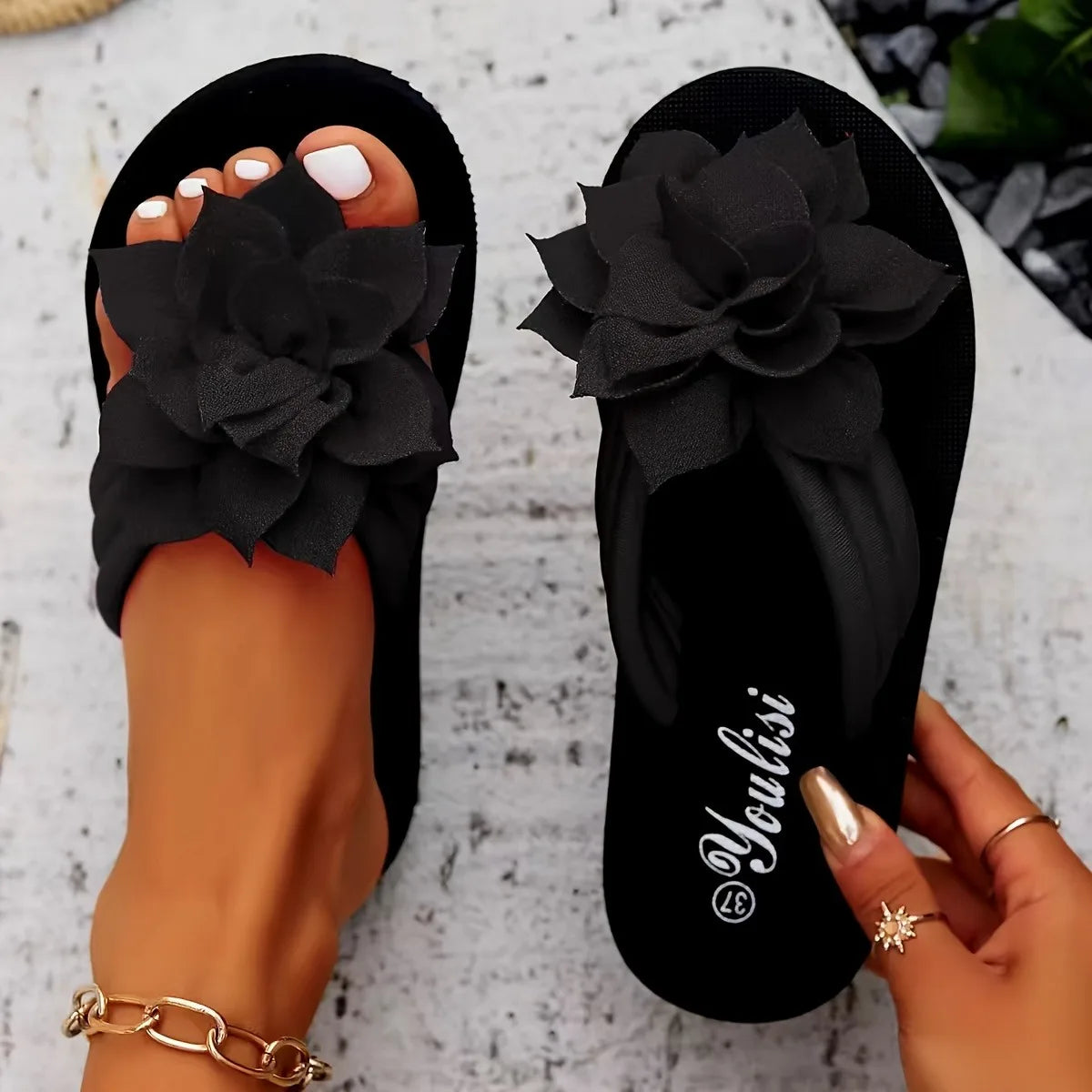 Women's Floral Flip Flops SlipOn Vacation Style Mid Heel Sandals Fabric Upper EVA Sole Insole Solid Color Summer Casual Footwear Beauty World Shop