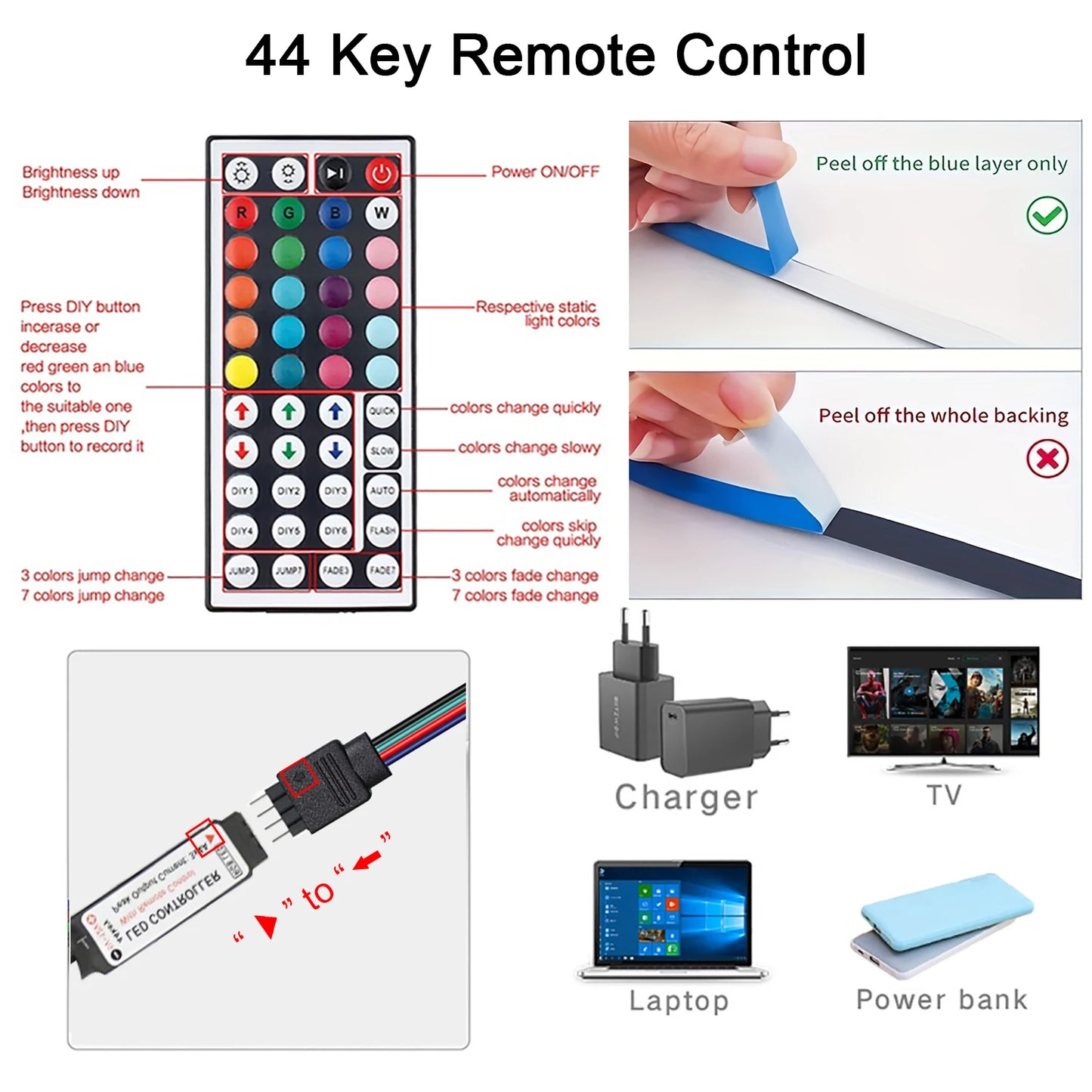 Led Strip Lights with 44 Key Remote Control 1m 5m 10m 20m RGB Tape Led Wall Room for Home Bedroom Party Decor TV Backlight Beauty World Shop