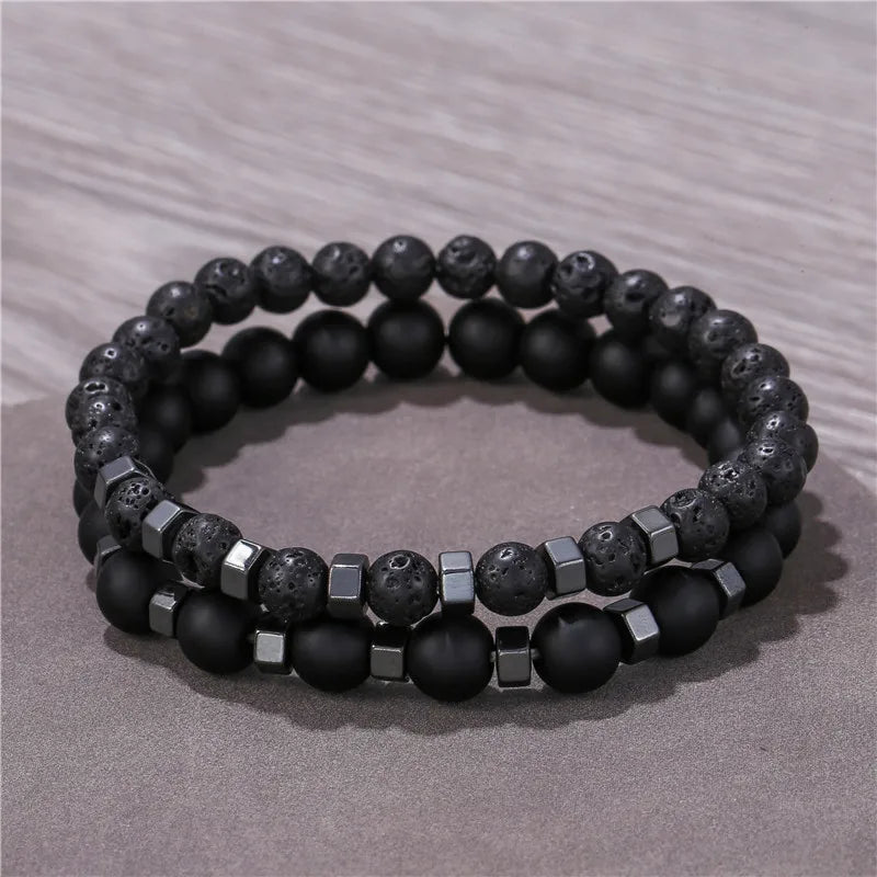 2pcs/set Beaded Bracelet Men Lava Stone Agate Tiger Eye Bead Charm Men Women Bracelet Sets Jewelry Best Gifts Pulsera Hombre Beauty Fashion