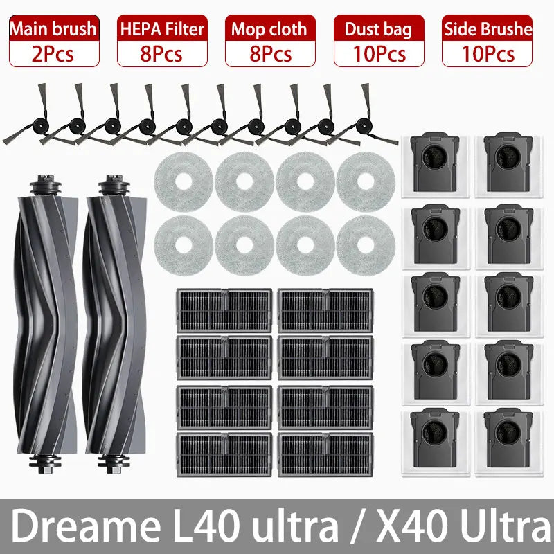 Dreame L40 Ultra / X40 Ultra Robot Vacuum Accessories Dust Bags Mop Main Side Brushes Cloths HEPA Filters Spare Parts Beauty World Shop