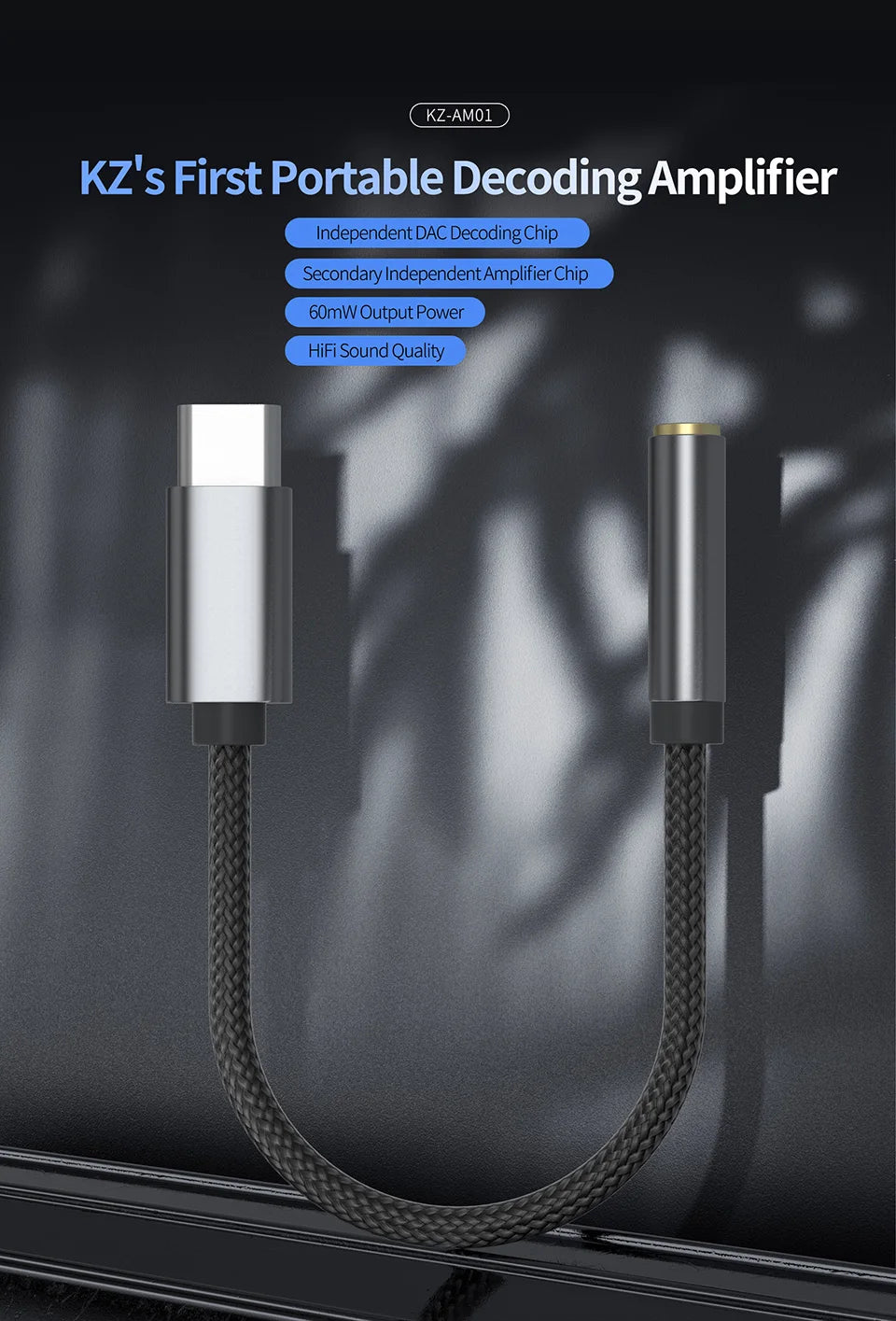 KZ AM01 Cable Type-C to 3.5mm Audio Adapter Line 32bit/384kHz Hi-Fi DAC + IC Amplifier Dual Chip Earphone Audio Cable