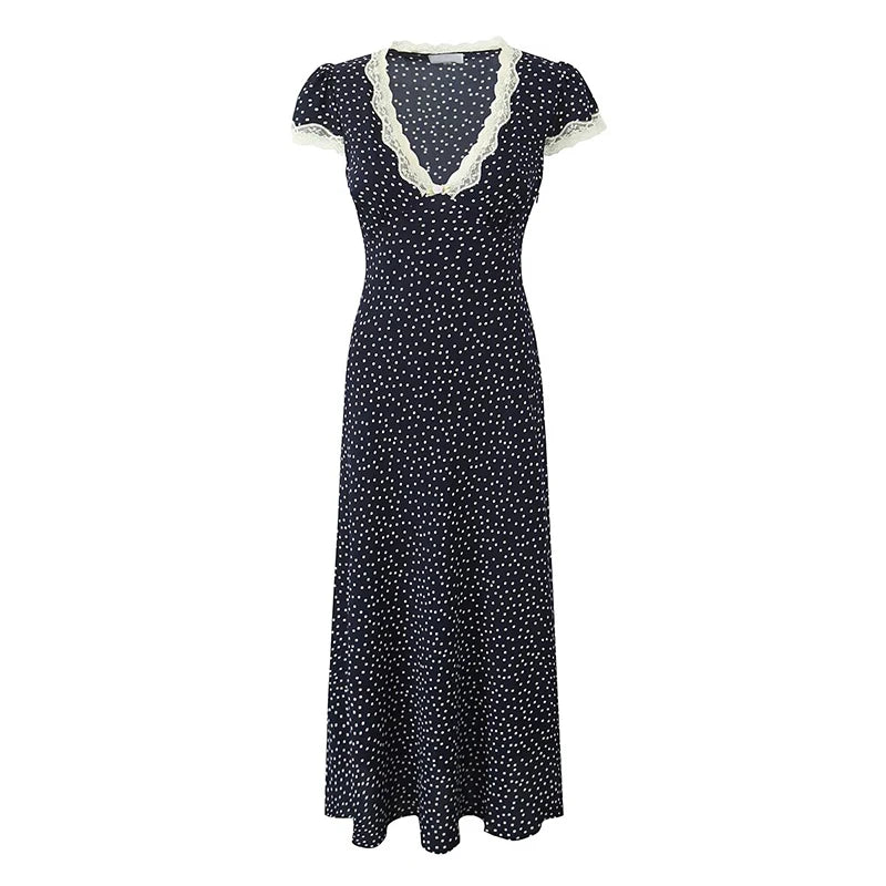 YENKYE 2025 Women Navy Blue Polka Dot Long Dress Lace Trim V Neck Short Sleeve A-line Elegant Holiday Dresses Summe Maxi Robe Beauty World Shop