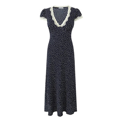 YENKYE 2025 Women Navy Blue Polka Dot Long Dress Lace Trim V Neck Short Sleeve A-line Elegant Holiday Dresses Summe Maxi Robe Beauty World Shop