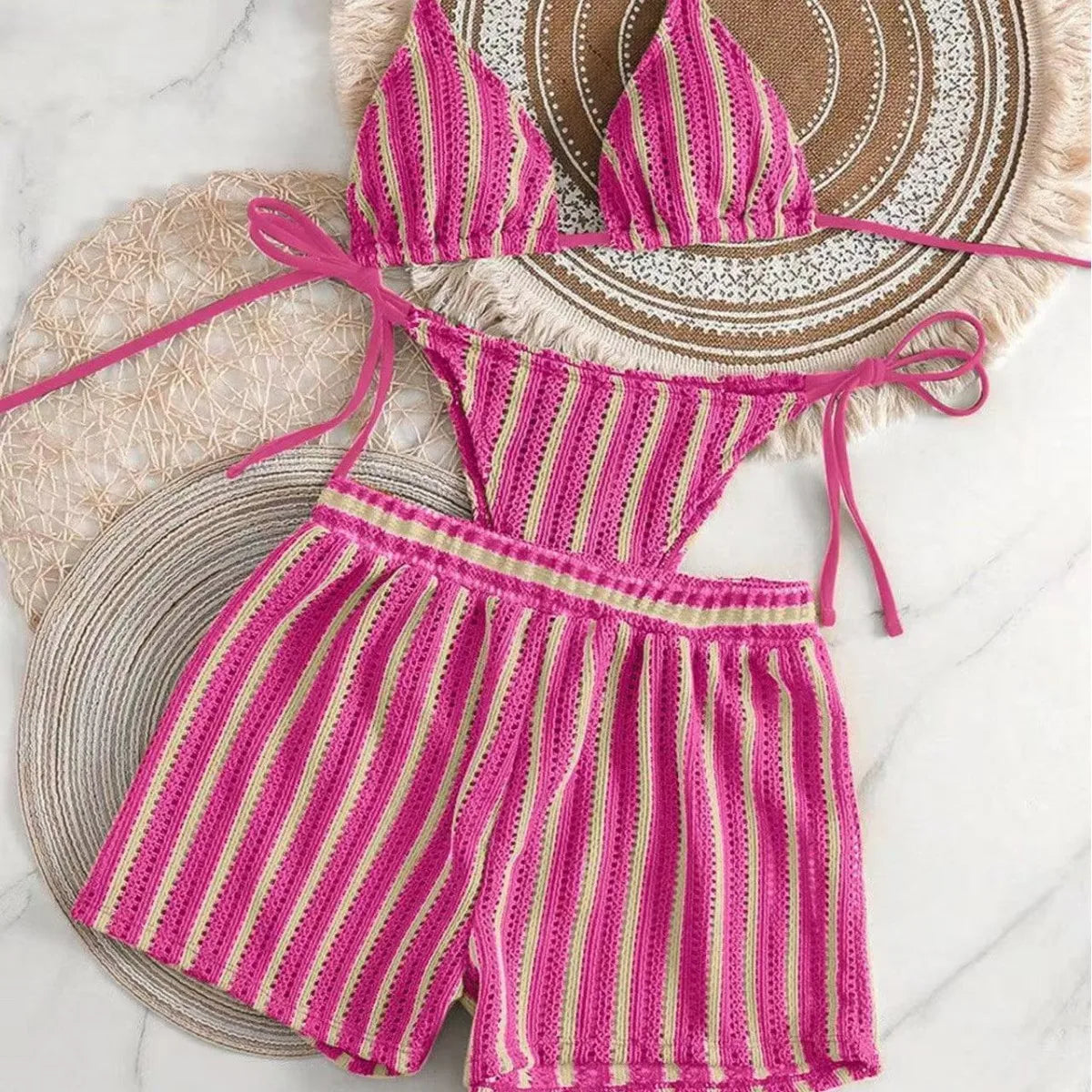 2026 new style boxer shorts mesh three-piece women's swimsuit neck lace-up bikini set Beauty World Shop