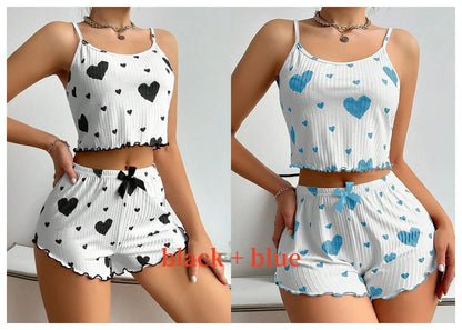 Women's Pajamas Set Sleepwear 2 PCS Short Tank Tops And Shorts S M L White Ventilate Soft Casual Love Printing Beauty World Shop